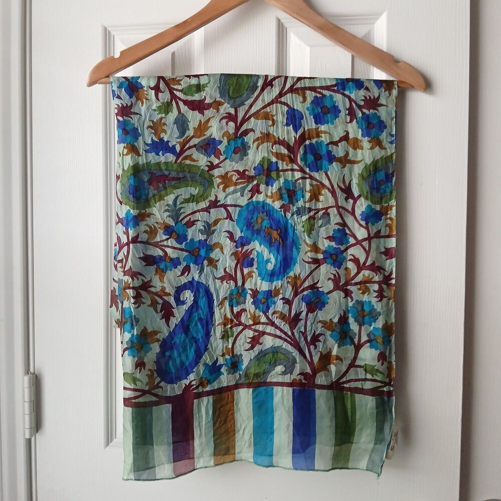 Solitaire 100% Silk Scarf Blue Paisley Multicolored Rectangle Boho Scarf 29"×68"